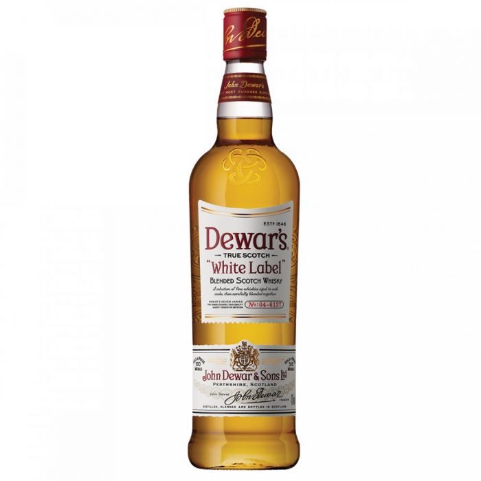 A bottle of DeWar's White Label Blended Scotch Whisky with a label that includes the brand name, product name, and volume information.